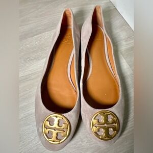 Tory Burch Minnie Ballet Flats Suede Tan Gold Logo Round Toe‎ Women's Size 9